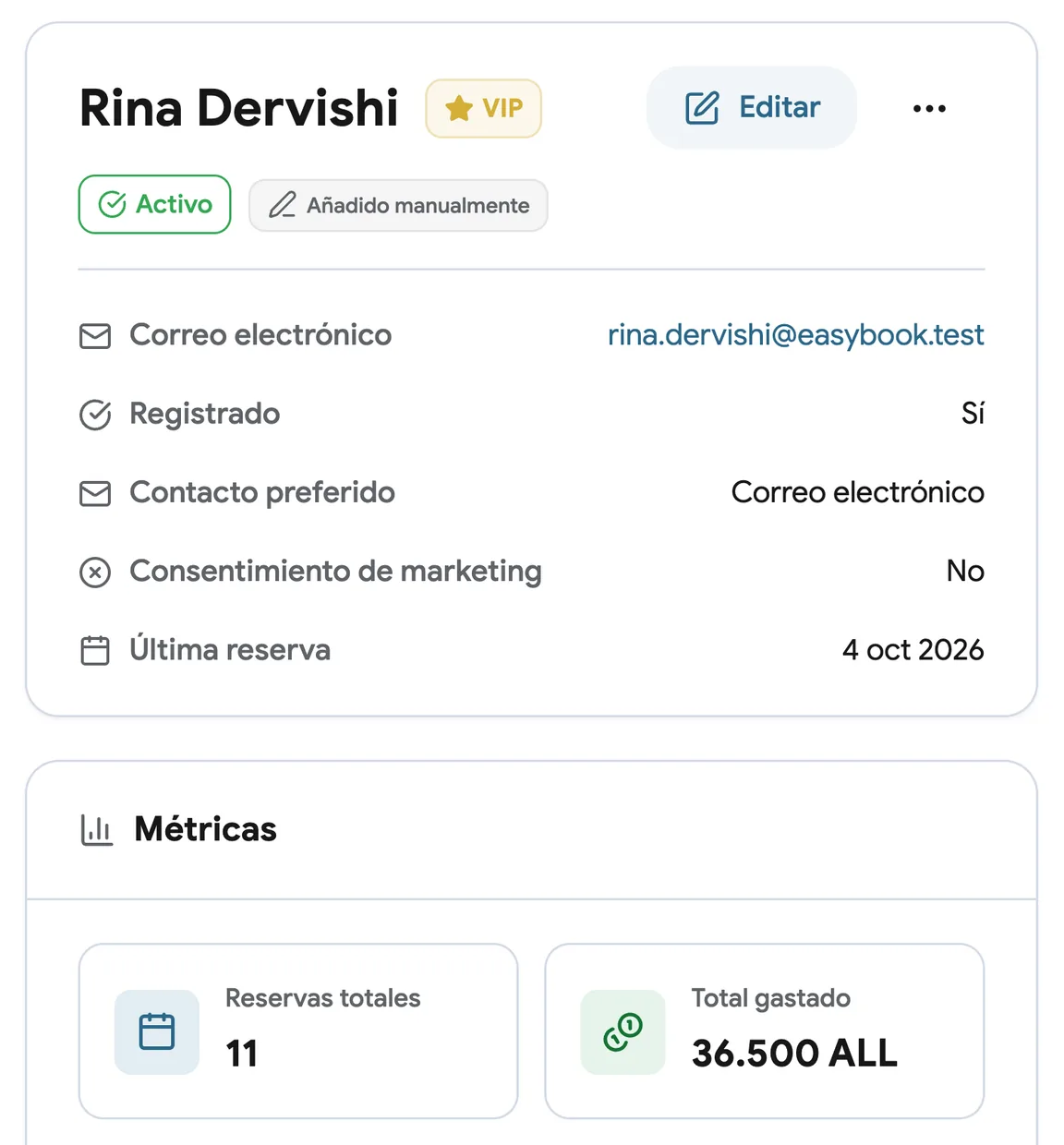 Un perfil de cliente con historial de citas y notas