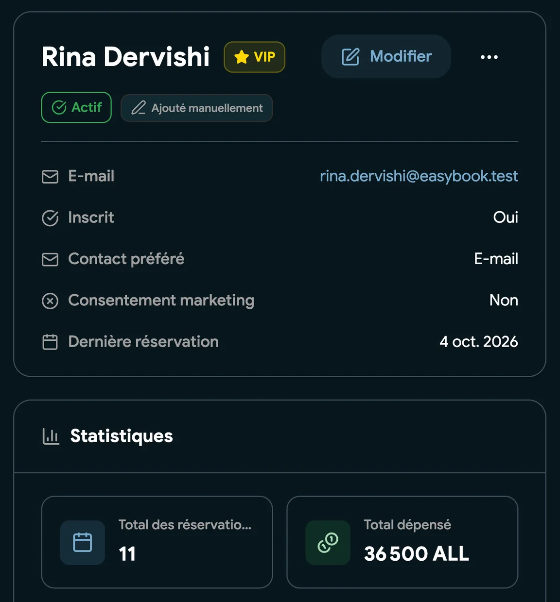 Une fiche client avec l’historique des rendez-vous et des notes