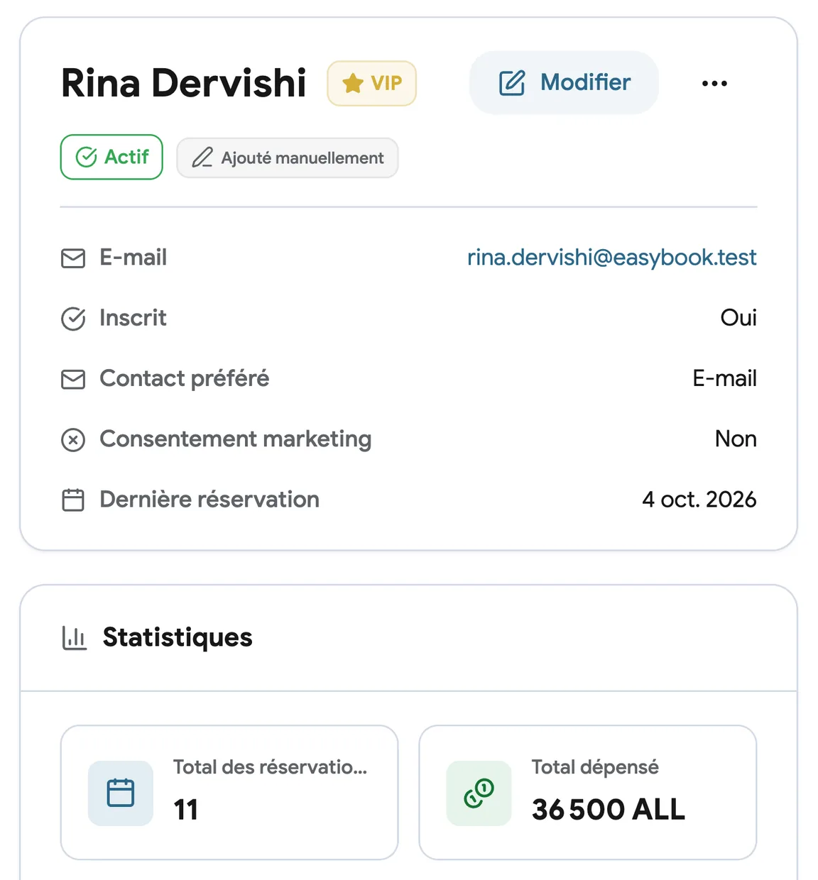Une fiche client avec l’historique des rendez-vous et des notes