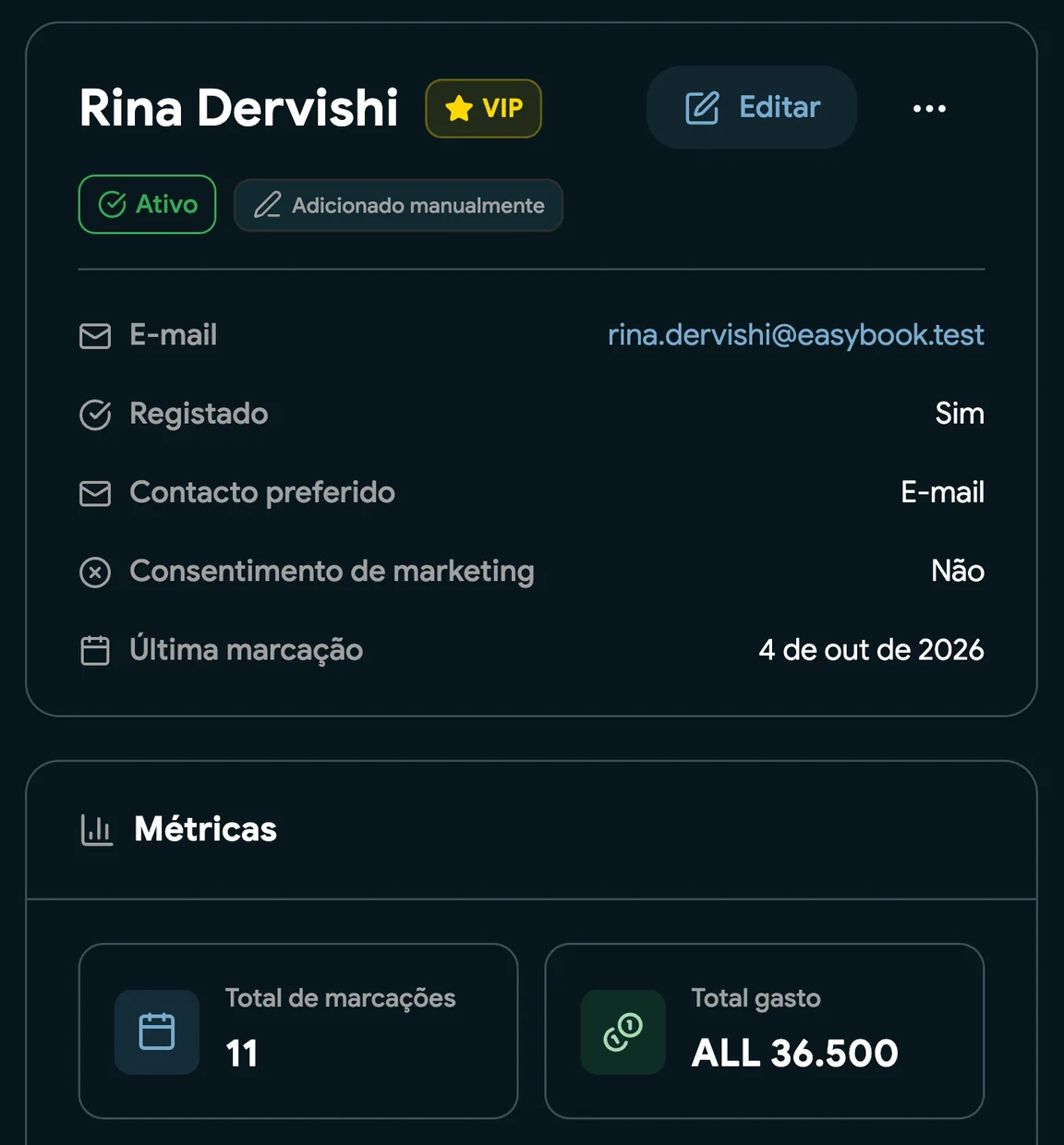 Um perfil de cliente com histórico de marcações e notas