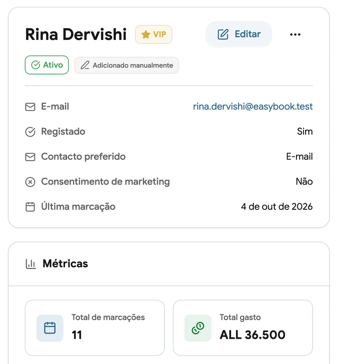 Um perfil de cliente com histórico de marcações e notas