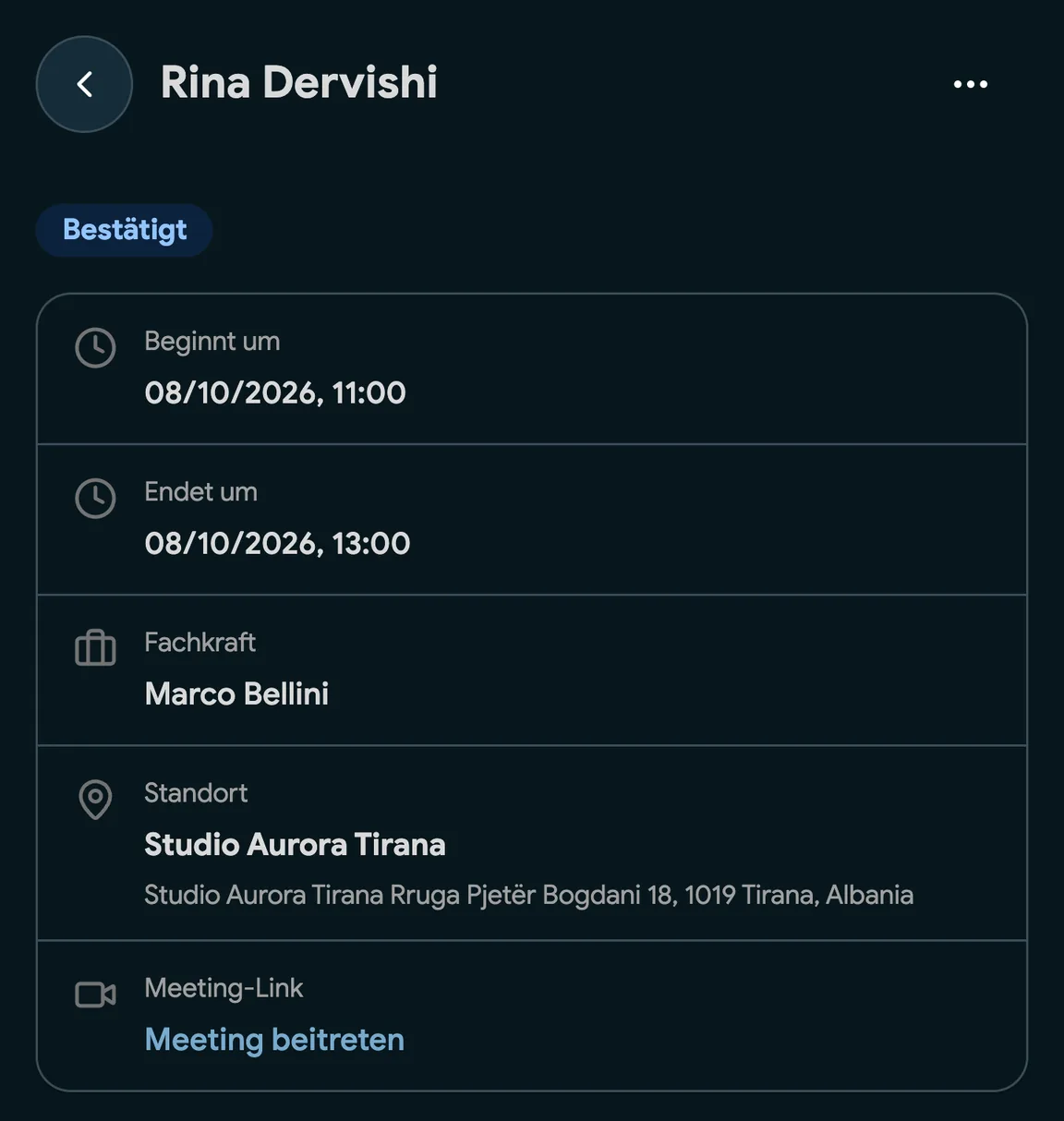 Eine Buchung mit einem Google Meet-Link