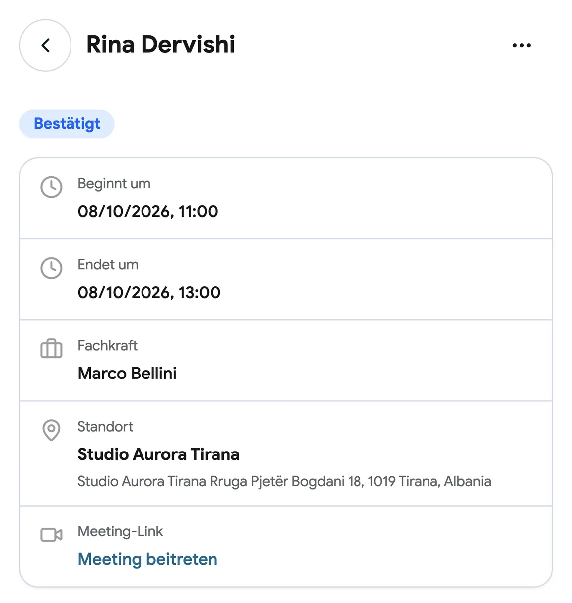 Eine Buchung mit einem Google Meet-Link
