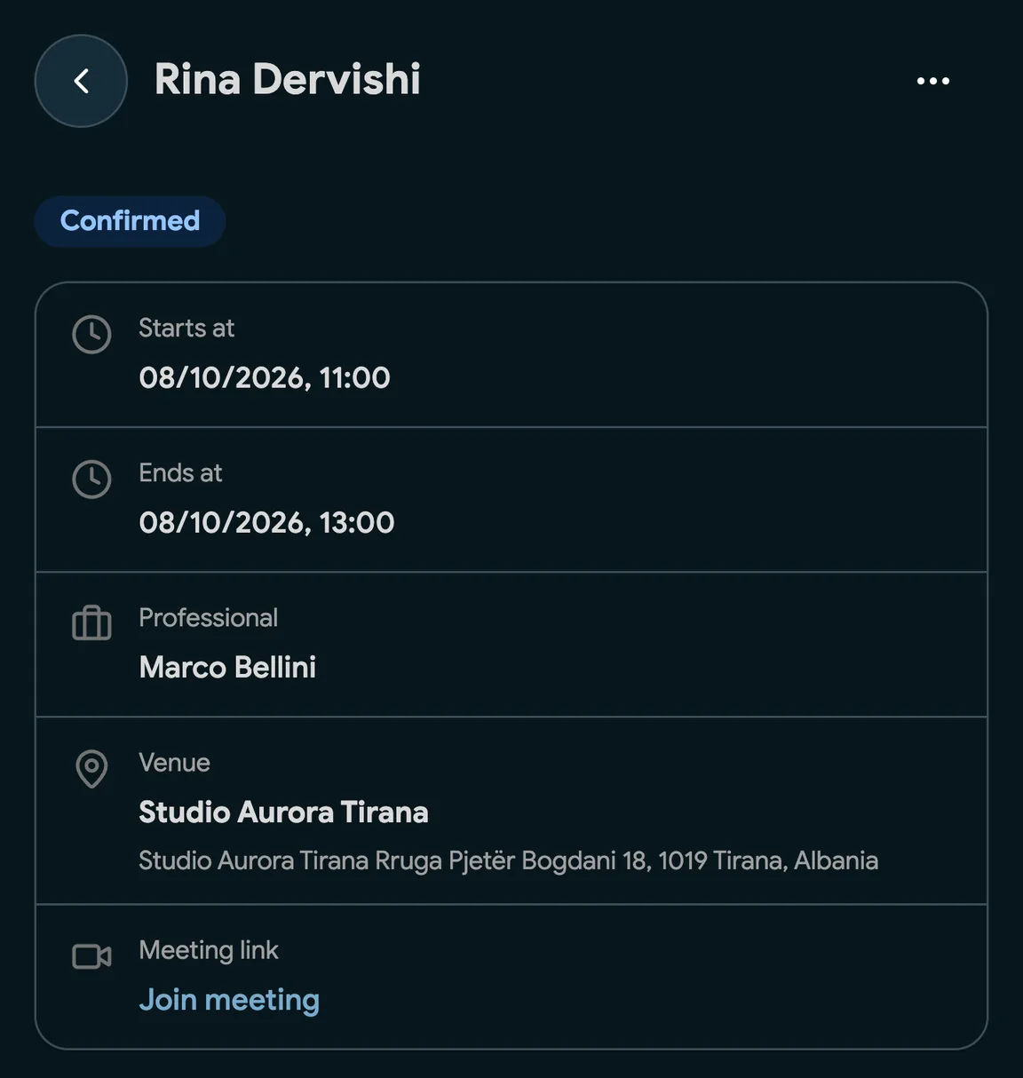 A booking with a Google Meet link
