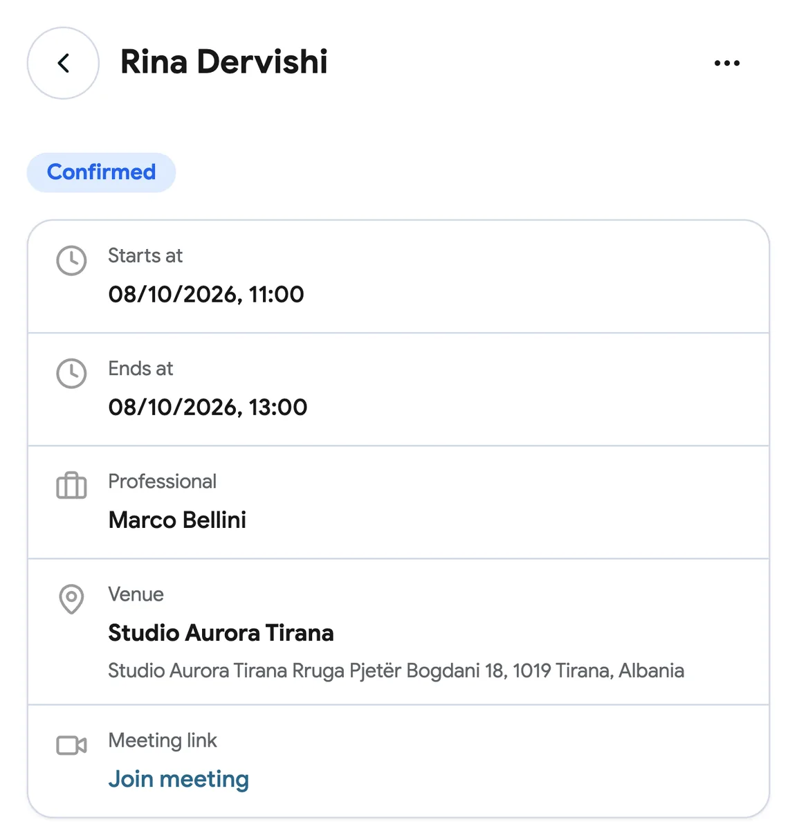 A booking with a Google Meet link