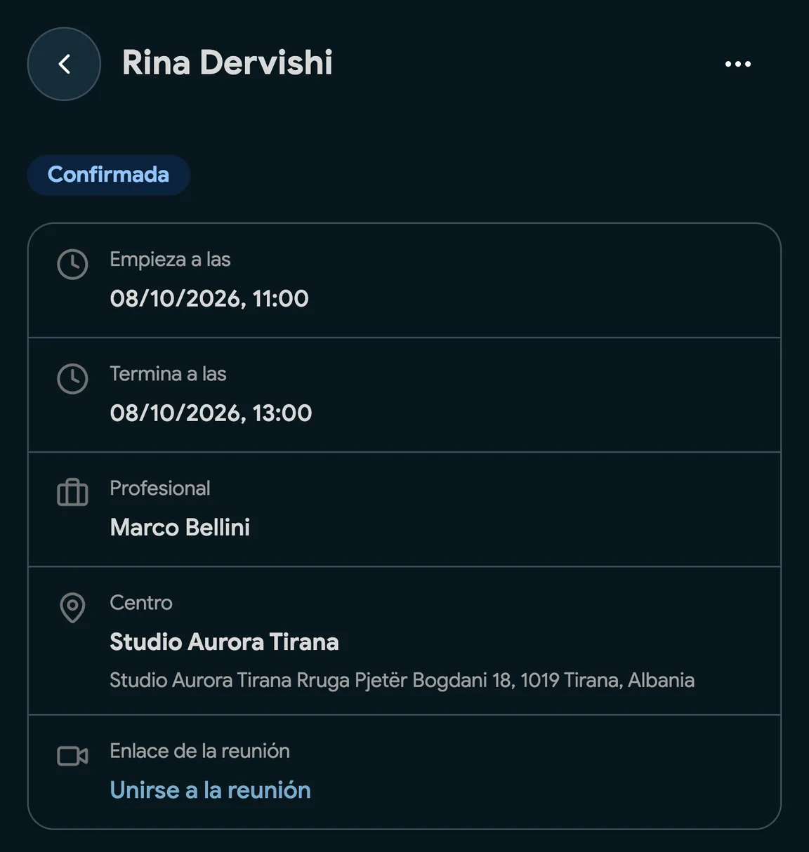 Una reserva con un enlace de Google Meet