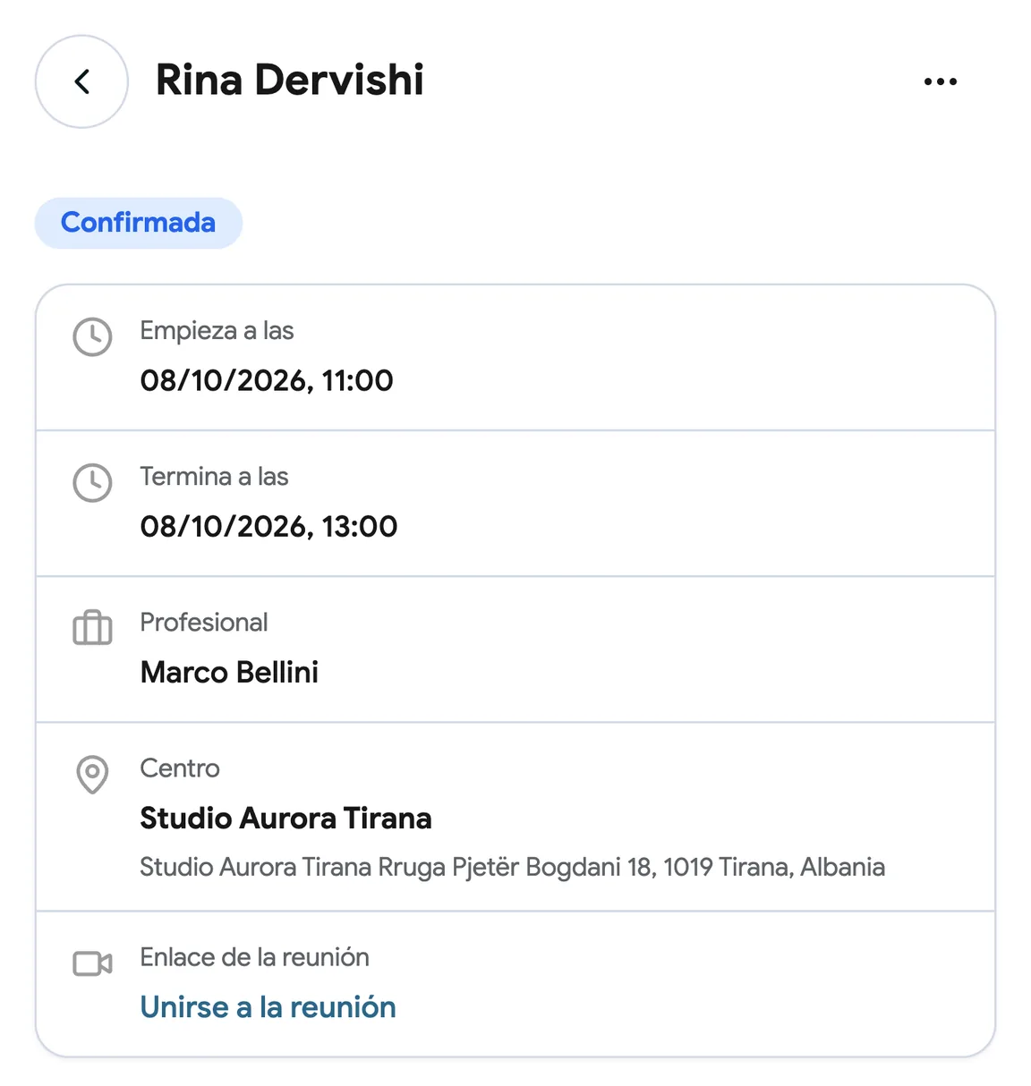 Una reserva con un enlace de Google Meet
