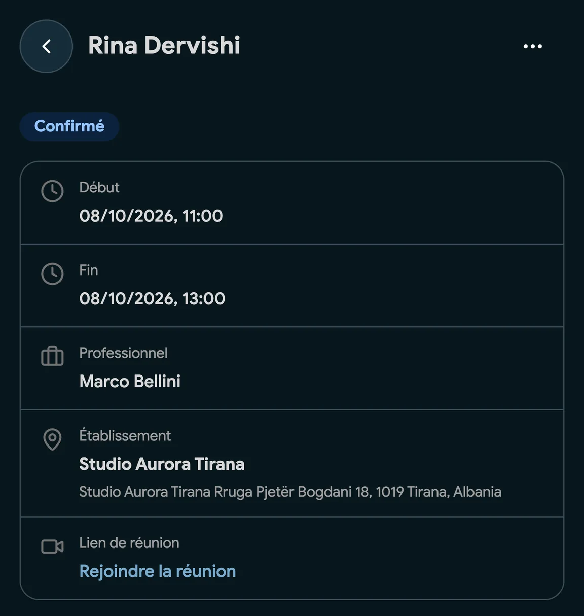 Une réservation avec un lien Google Meet