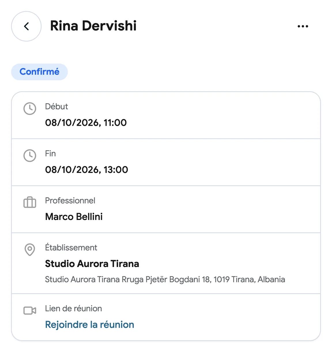 Une réservation avec un lien Google Meet