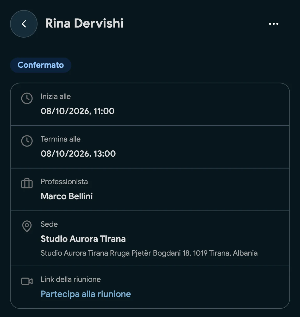 Una prenotazione con un link Google Meet