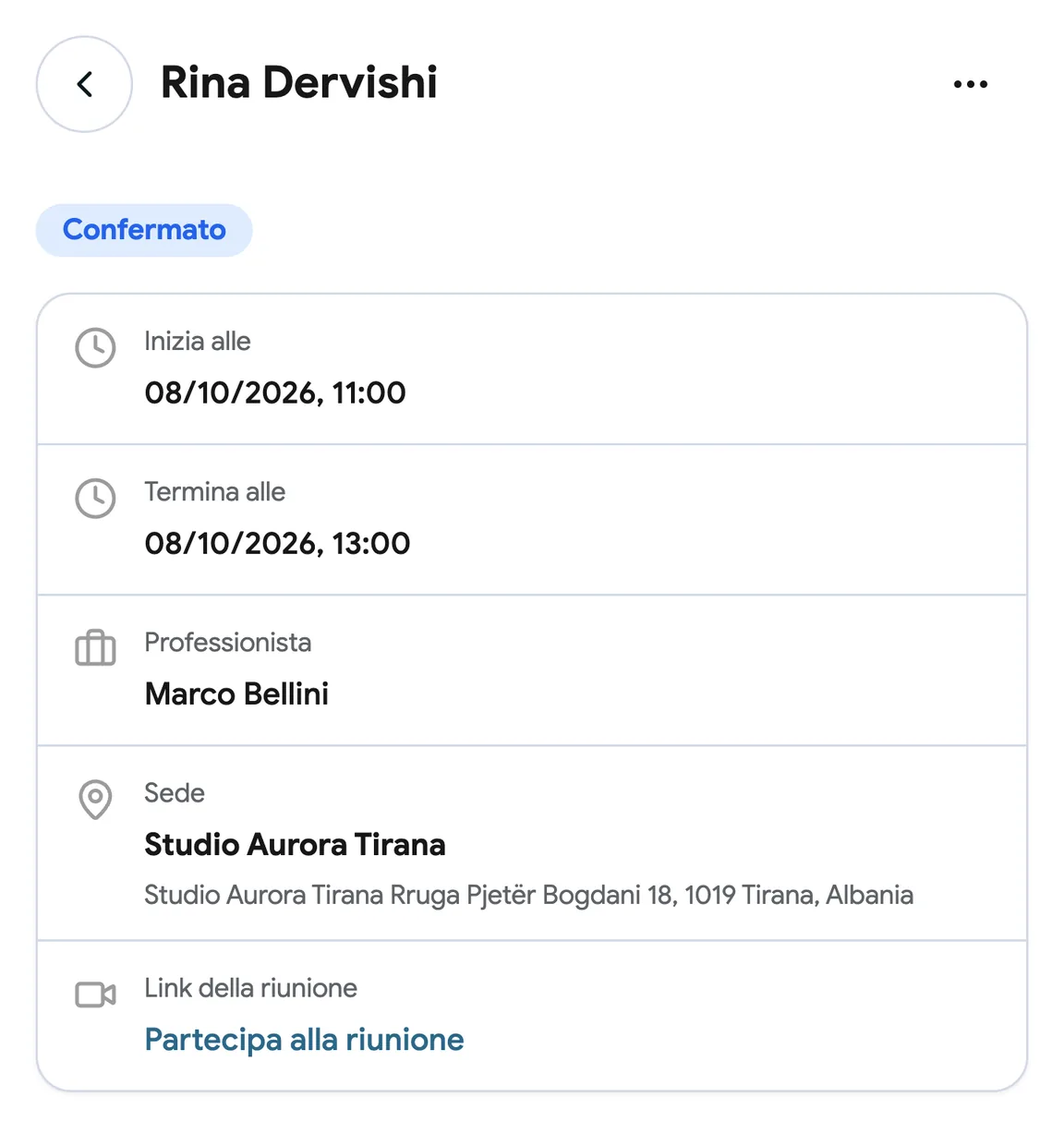 Una prenotazione con un link Google Meet