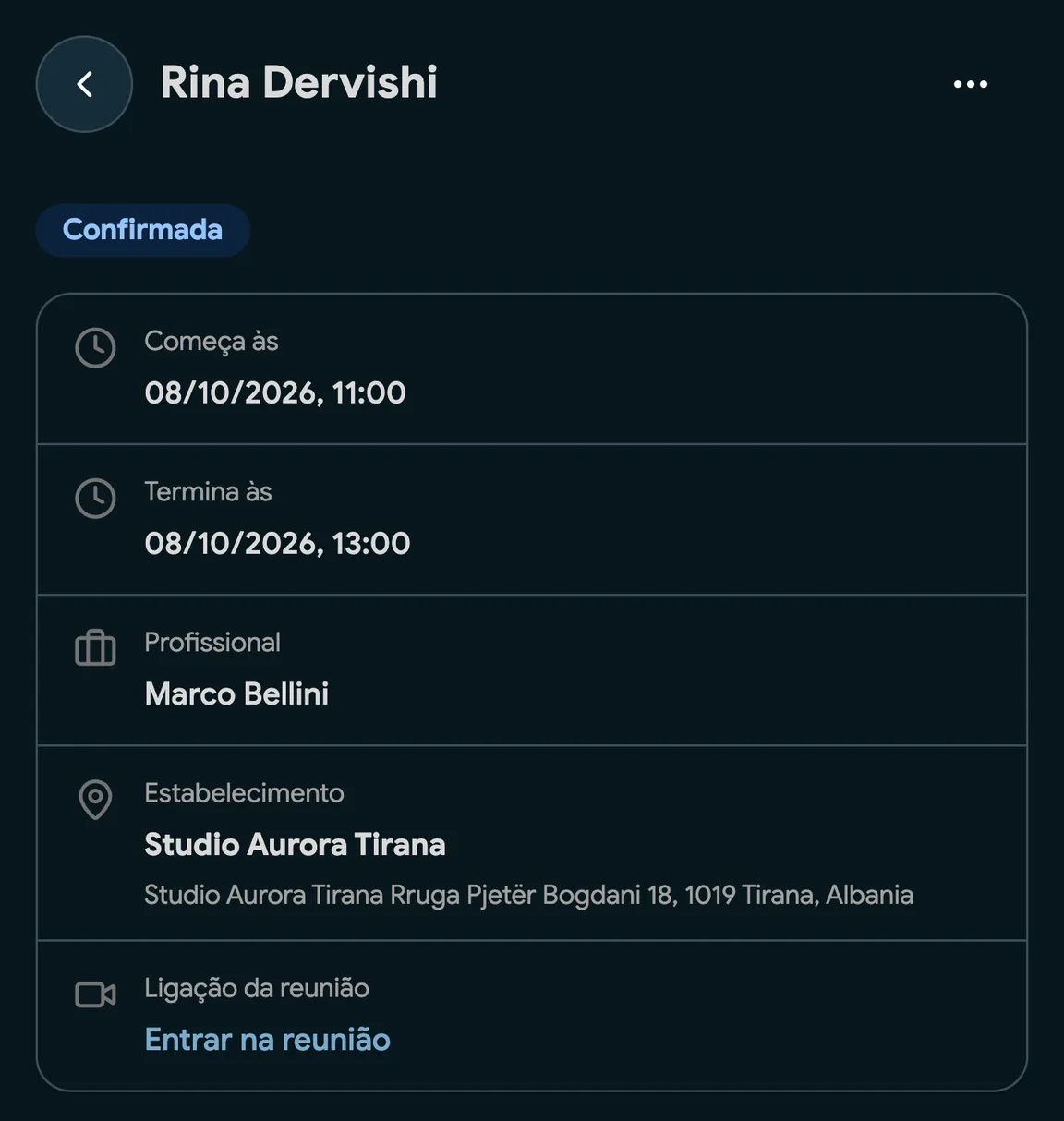 Uma marcação com um link do Google Meet