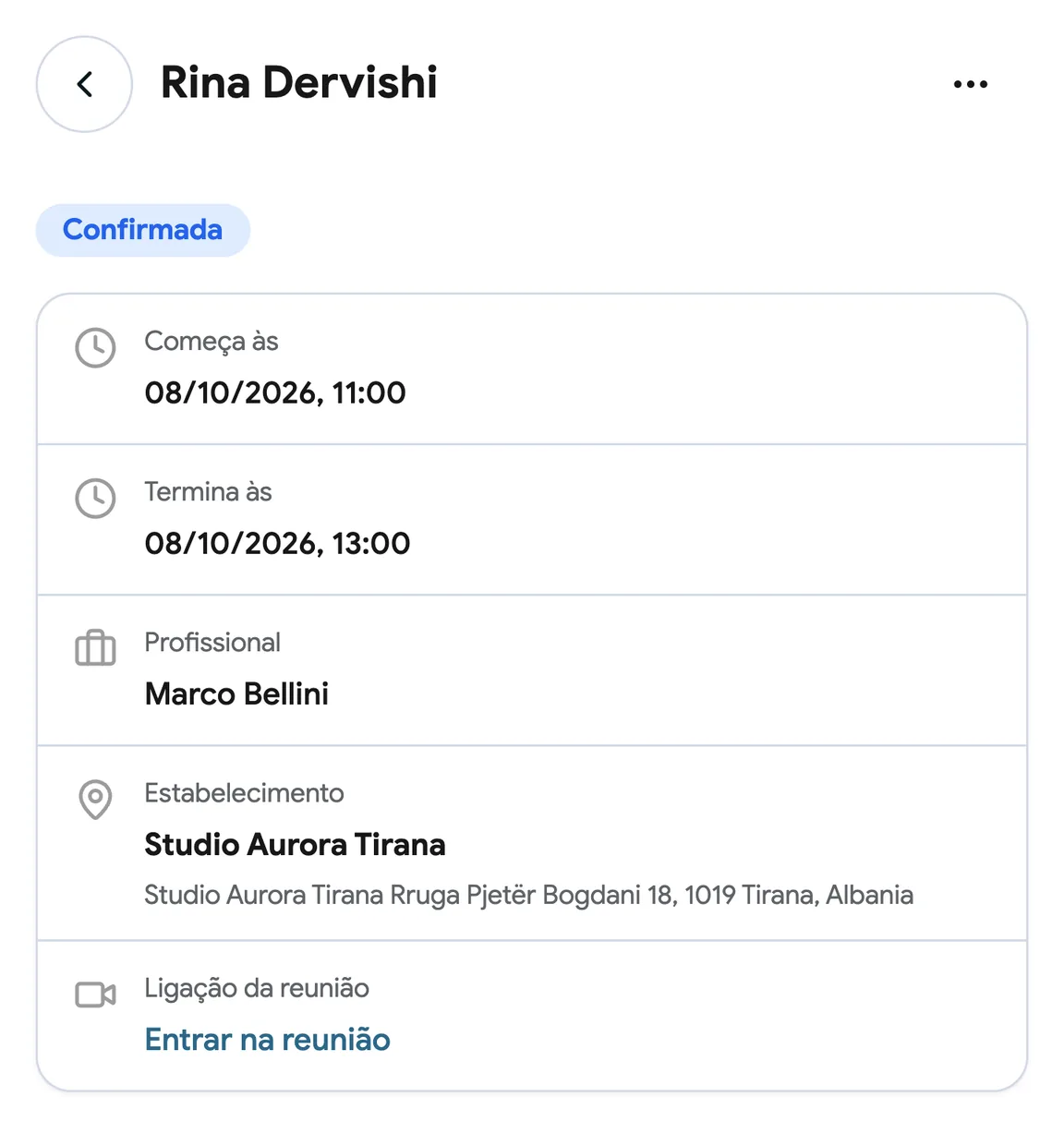 Uma marcação com um link do Google Meet