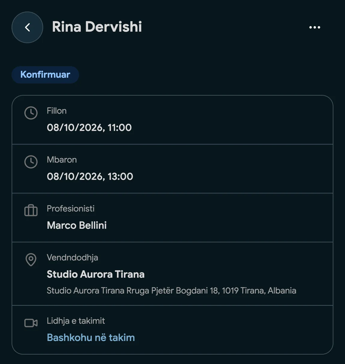 Një rezervim me një lidhje Google Meet