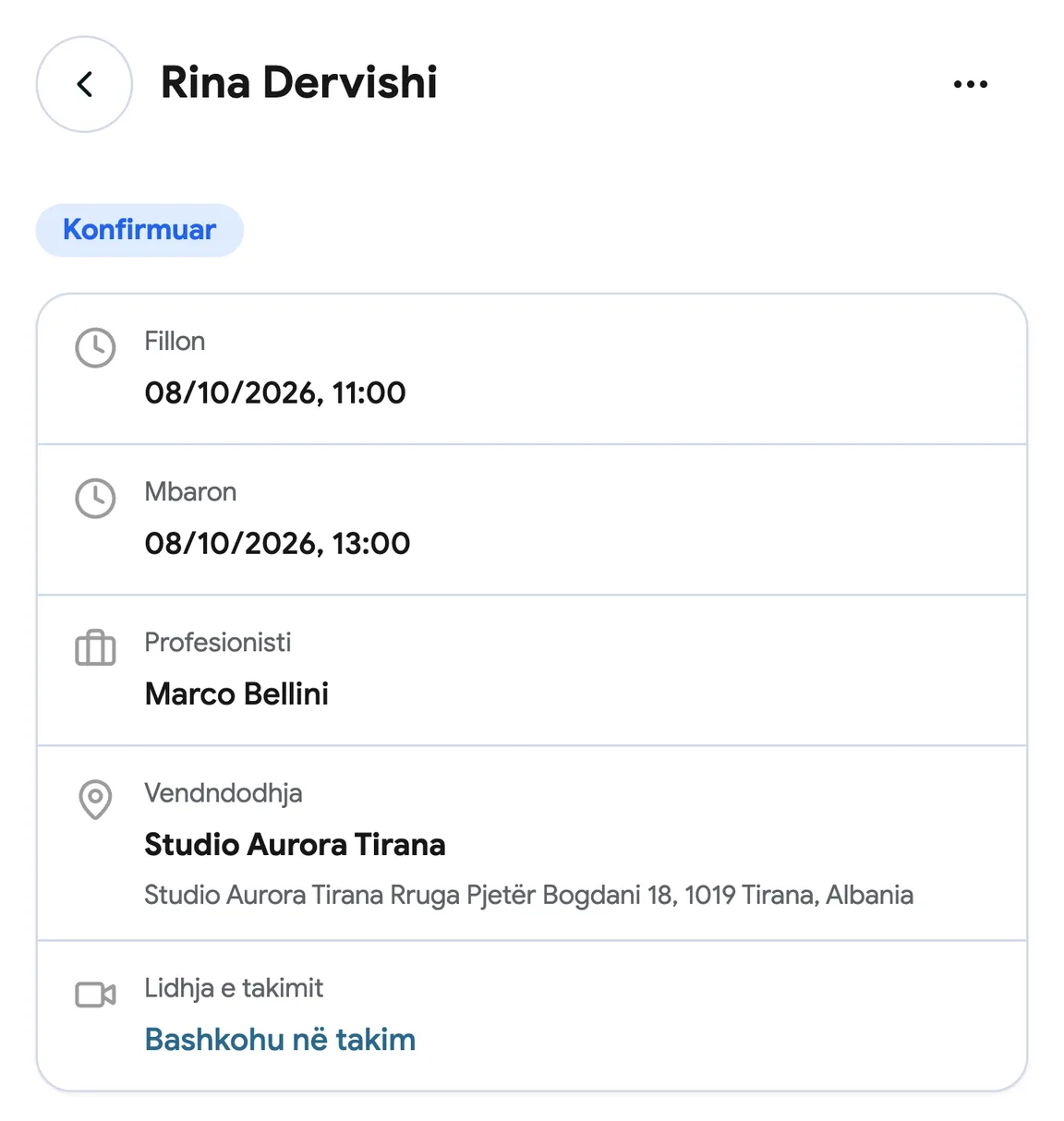 Një rezervim me një lidhje Google Meet