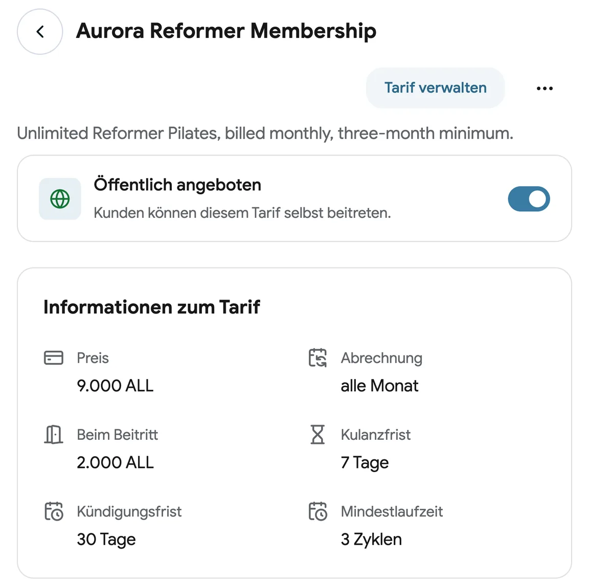 Ein Mitgliedschaftstarif mit Aufnahmegebühr und Mindestlaufzeit
