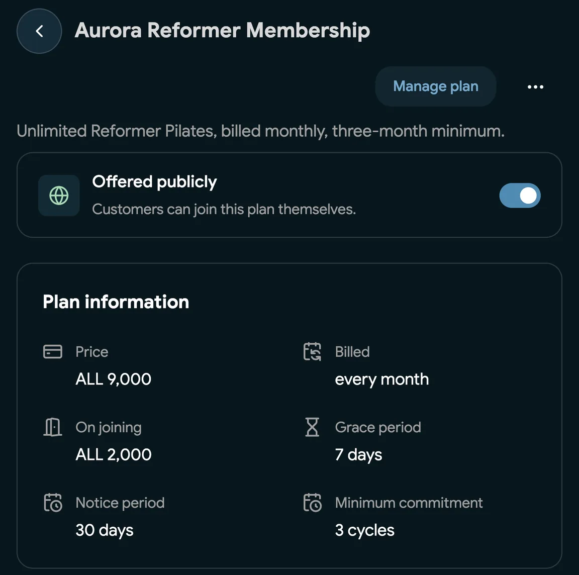 A membership plan with a joining fee and a minimum commitment