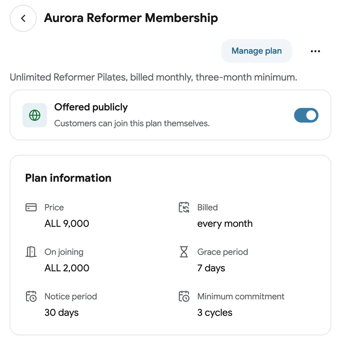 A membership plan with a joining fee and a minimum commitment