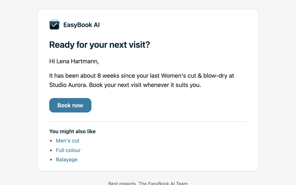 A rebooking email from EasyBook