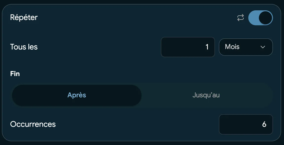 Réserver une seule fois pour un client régulier, avec une répétition chaque mois pendant six visites