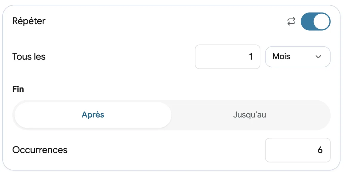 Réserver une seule fois pour un client régulier, avec une répétition chaque mois pendant six visites