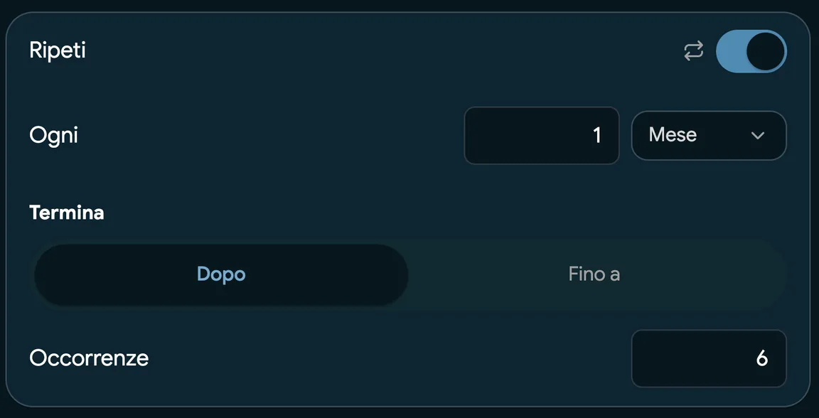 Prenotazione di un cliente abituale una sola volta, con ripetizione ogni mese per sei visite