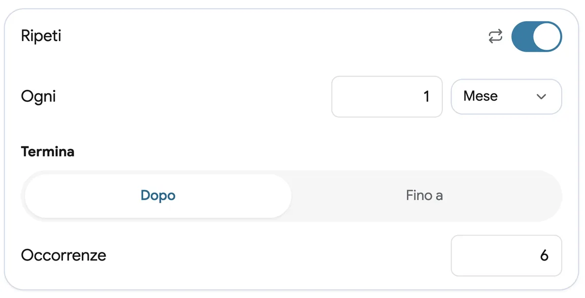 Prenotazione di un cliente abituale una sola volta, con ripetizione ogni mese per sei visite