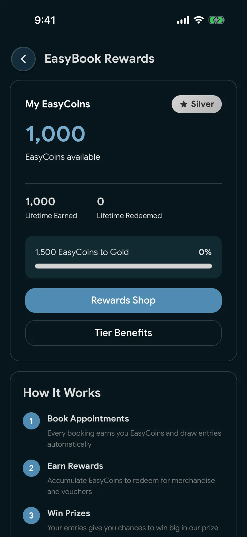 The EasyCoins balance in the EasyBook app