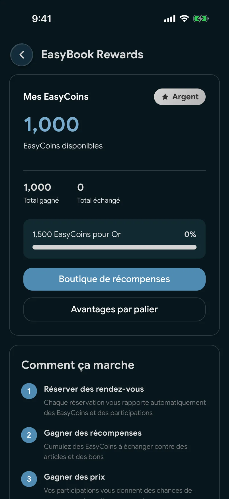 Le solde EasyCoins dans l’application EasyBook