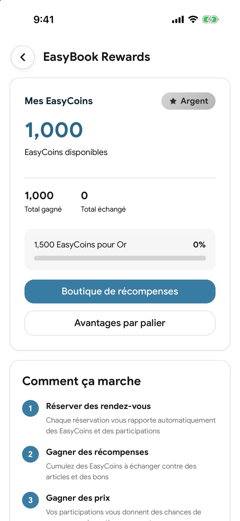 Le solde EasyCoins dans l’application EasyBook
