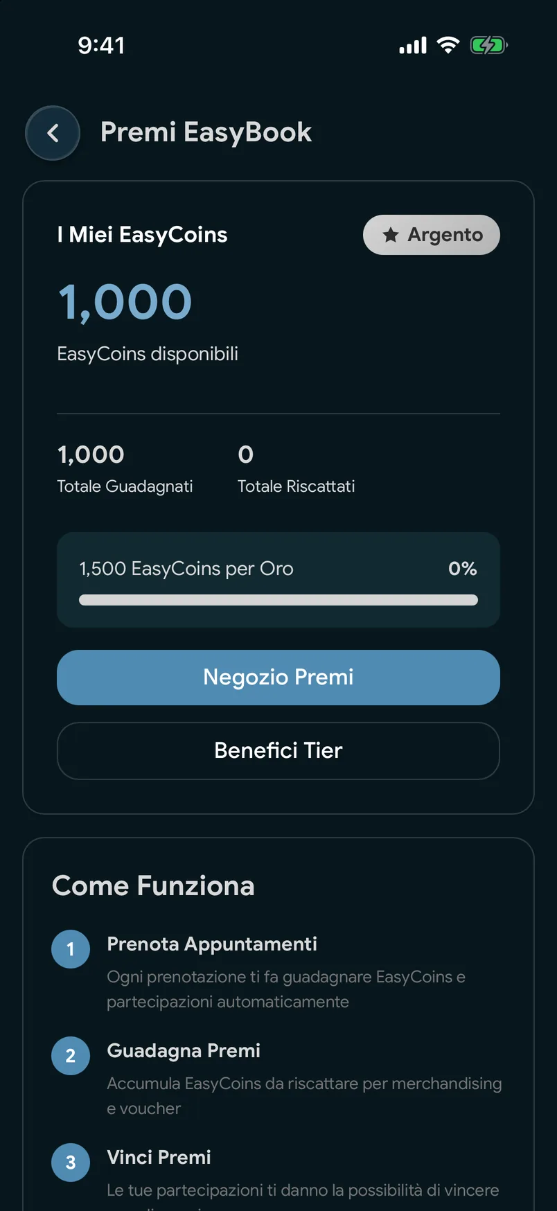 Il saldo EasyCoins nell'app EasyBook
