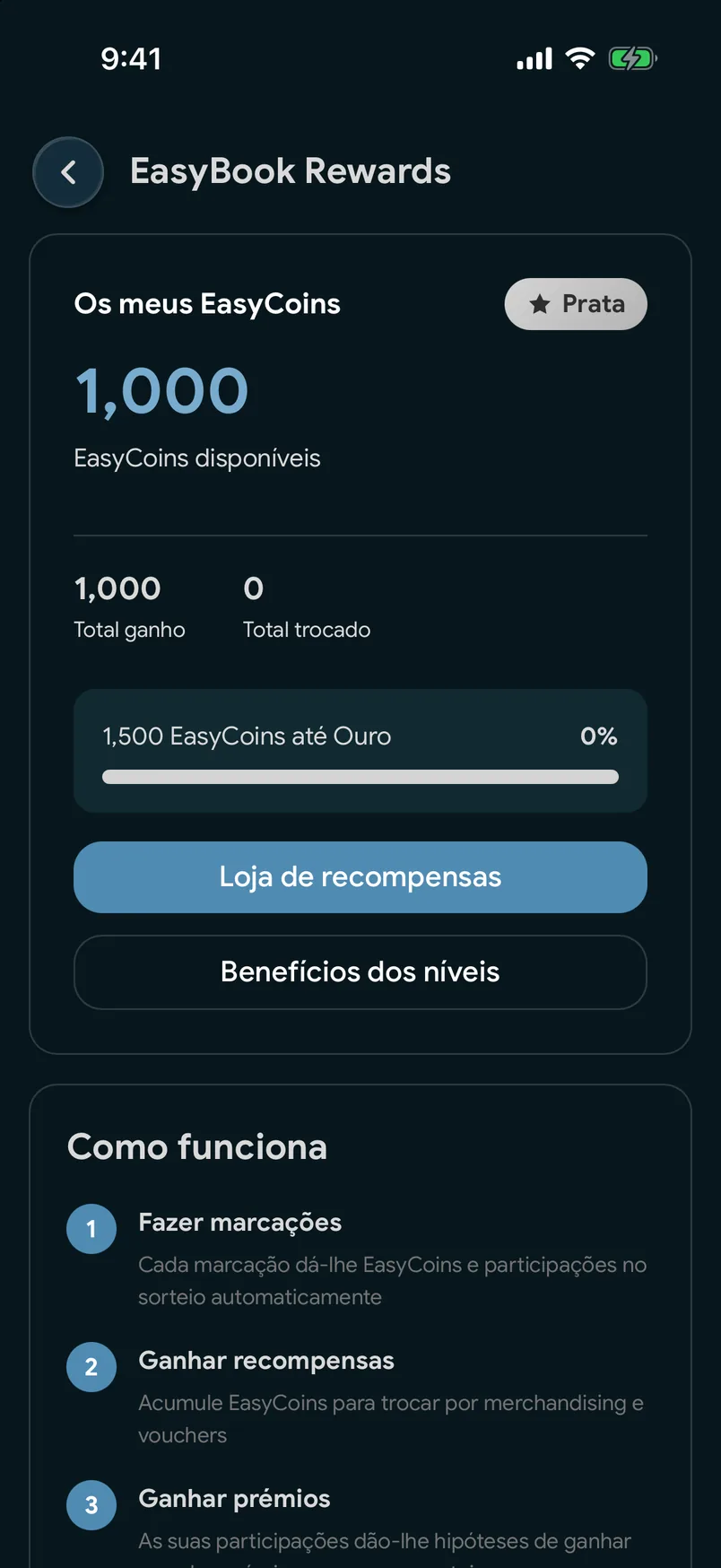 O saldo de EasyCoins na aplicação EasyBook