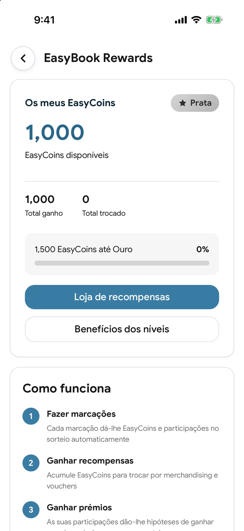 O saldo de EasyCoins na aplicação EasyBook