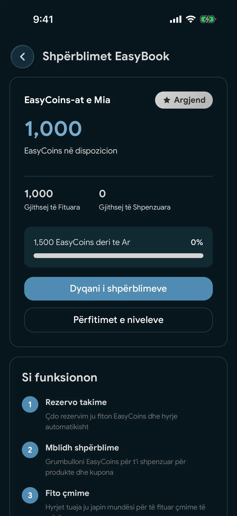 Bilanci i EasyCoins në aplikacionin EasyBook
