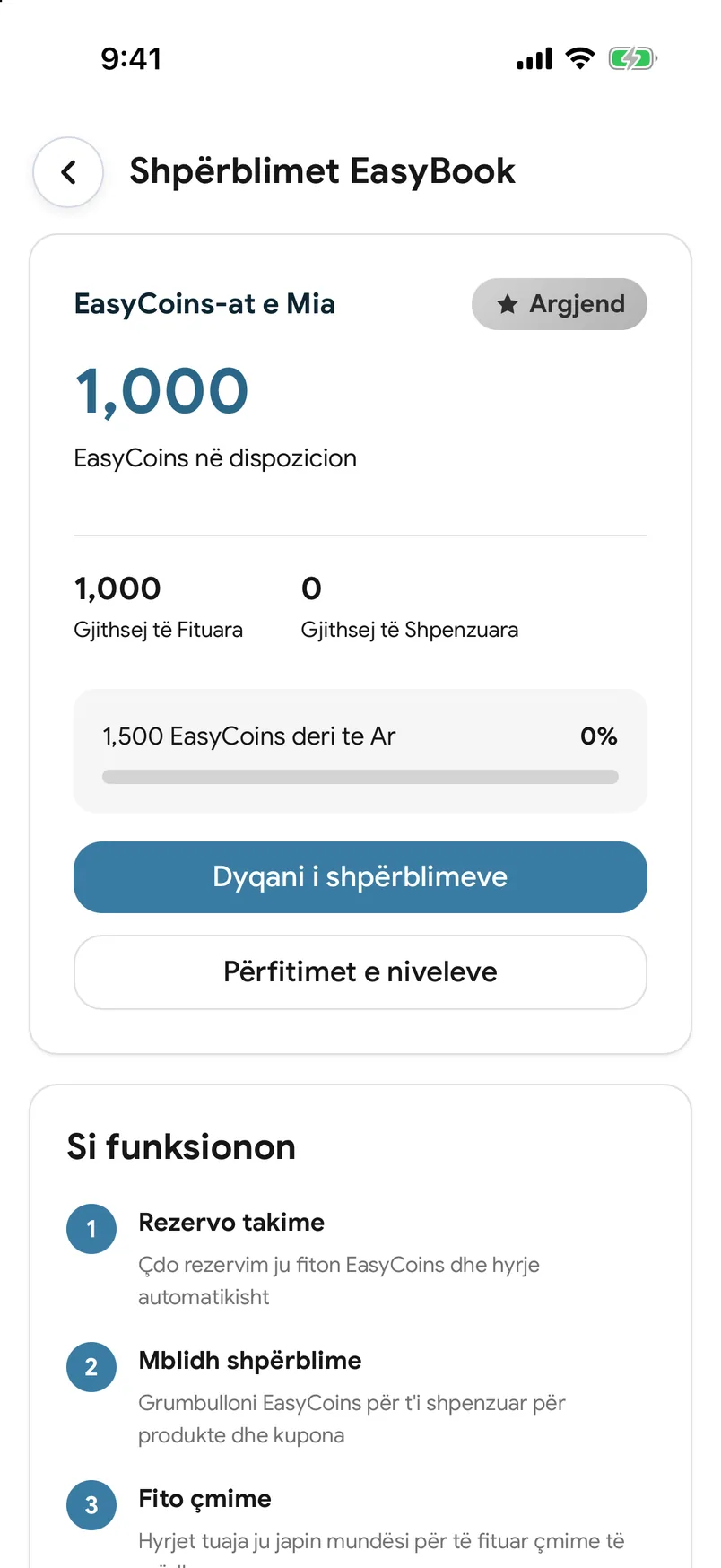 Bilanci i EasyCoins në aplikacionin EasyBook