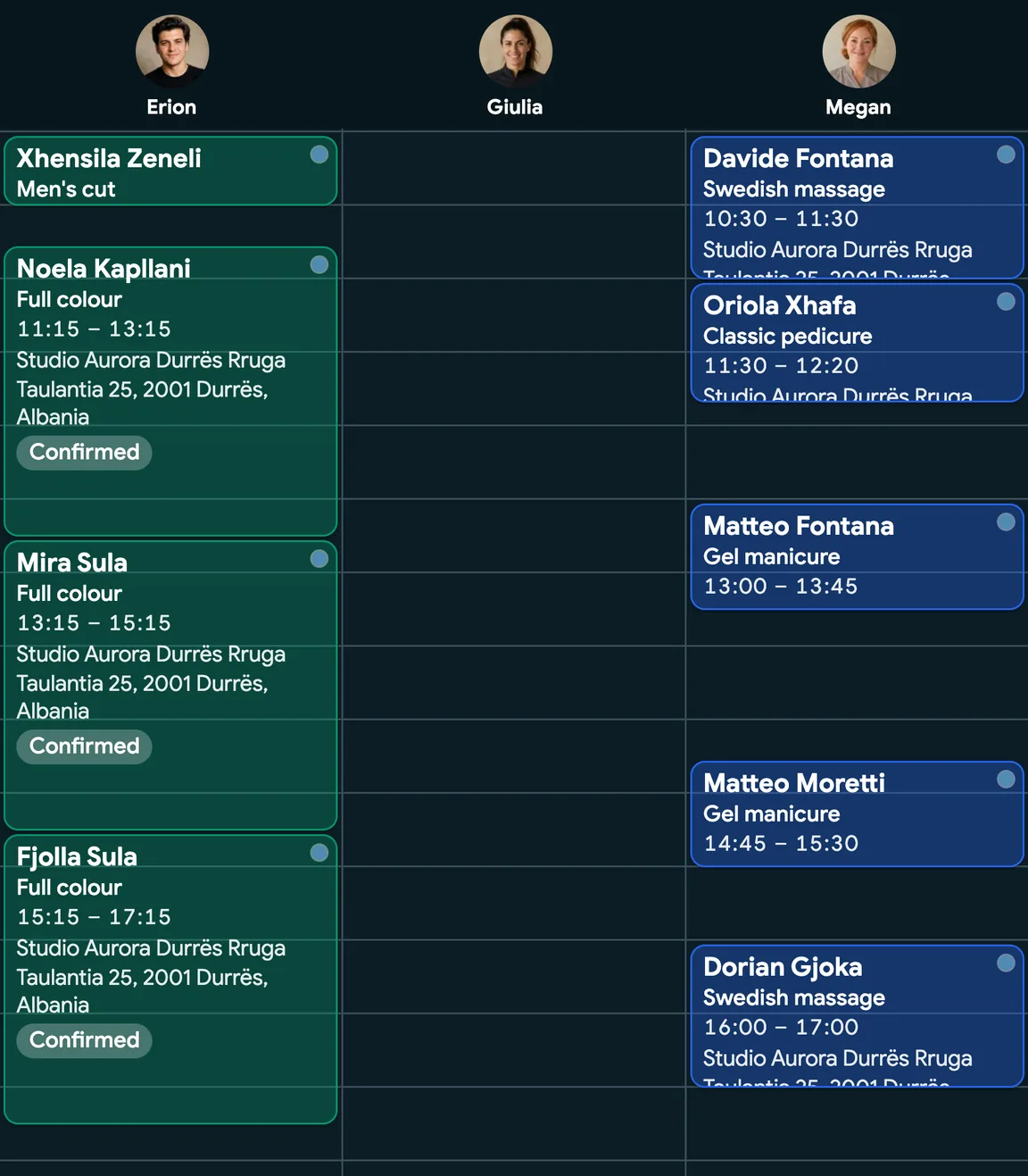 Dragging a booking to another professional in the team view