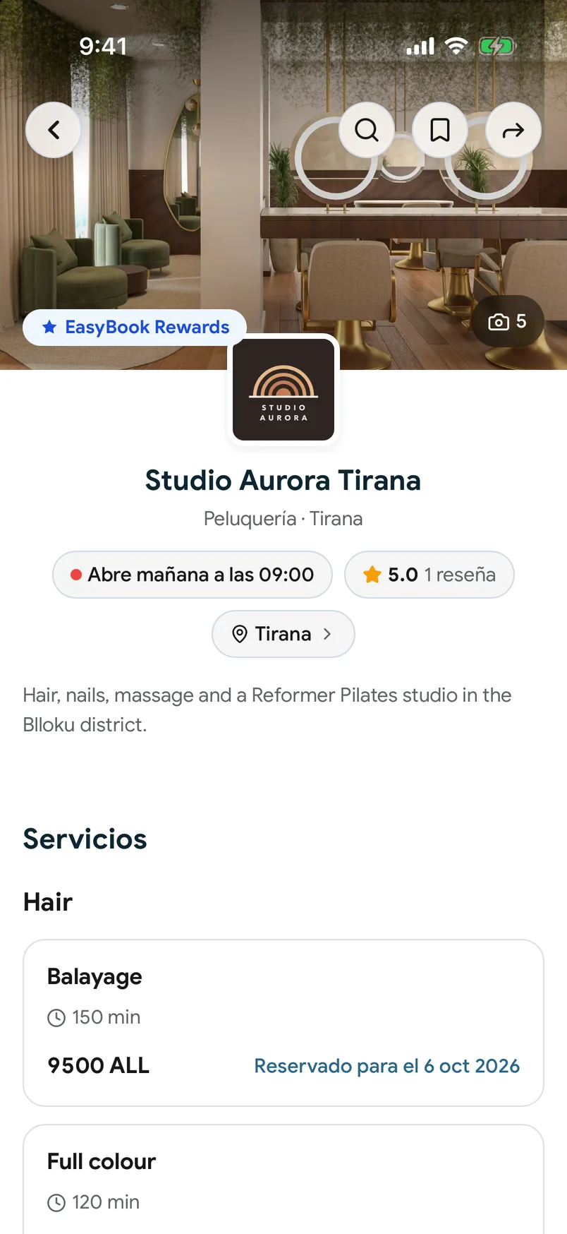 Una página de centro en la app de EasyBook