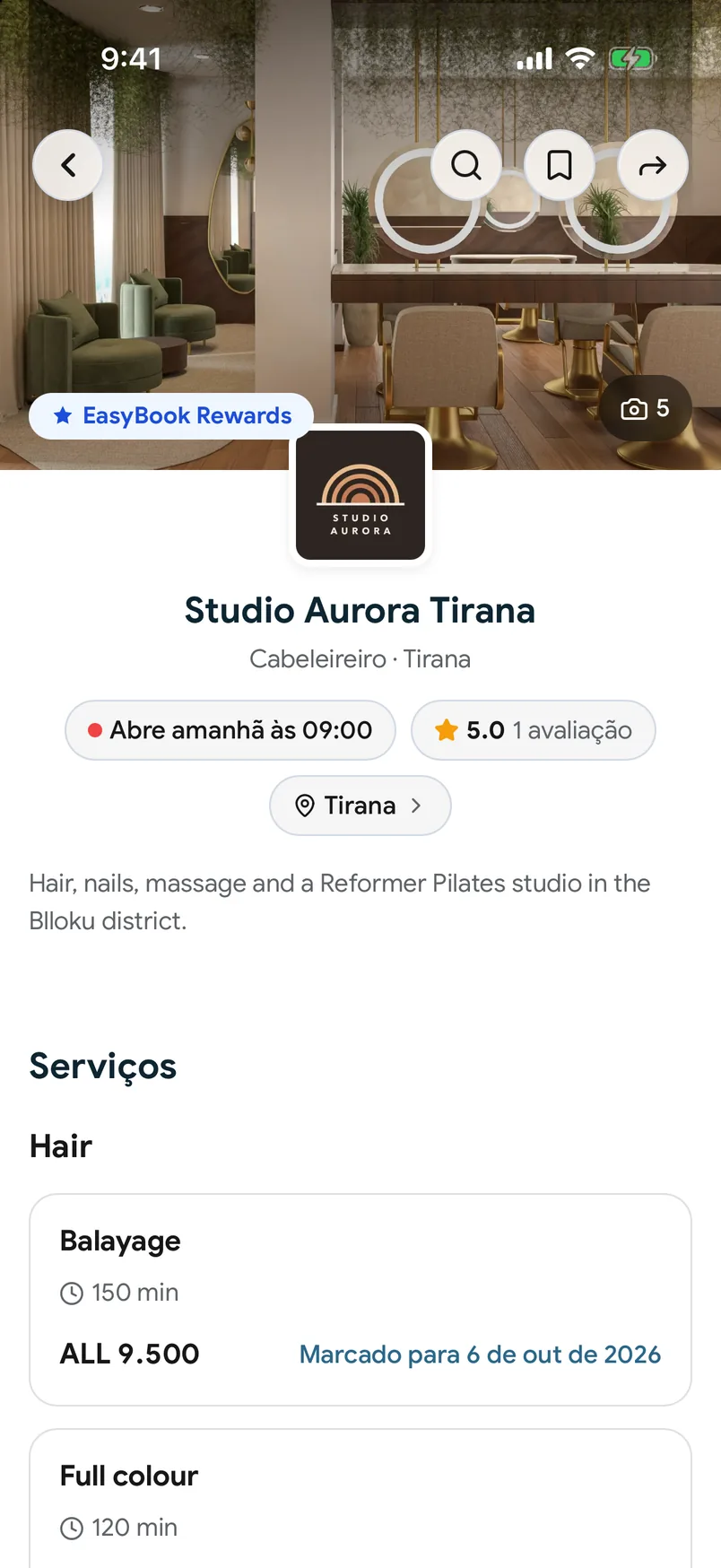 Uma página de estabelecimento na aplicação EasyBook