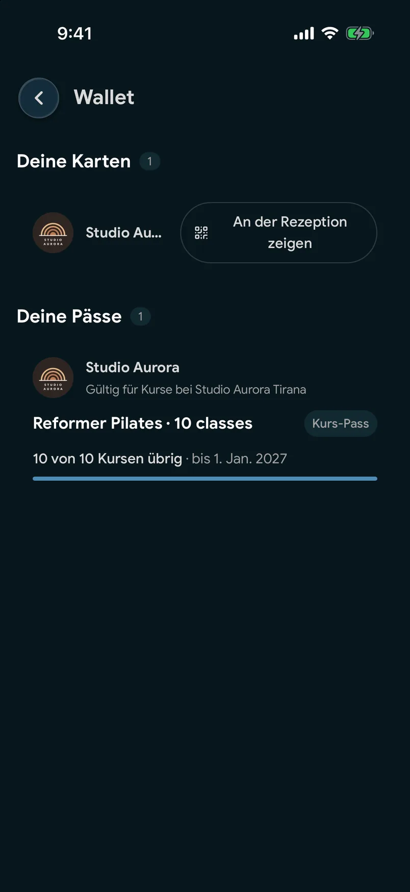 Ein Kurs-Pass in der Wallet der EasyBook-App mit den verbleibenden Kursen