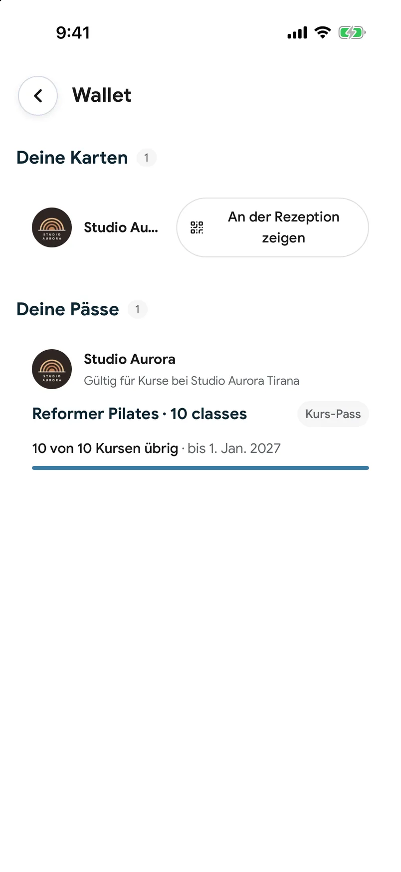 Ein Kurs-Pass in der Wallet der EasyBook-App mit den verbleibenden Kursen