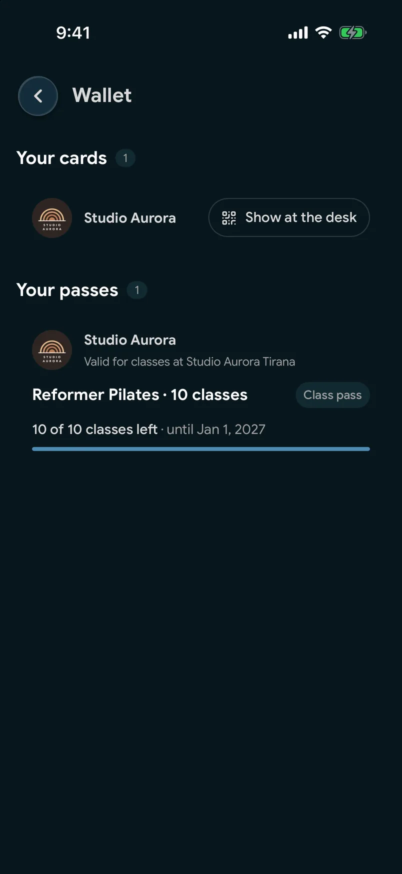 A class Pass in the wallet of the EasyBook app, with the classes left