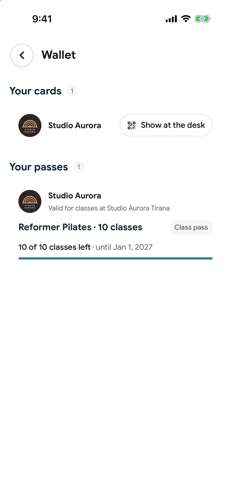 A class Pass in the wallet of the EasyBook app, with the classes left