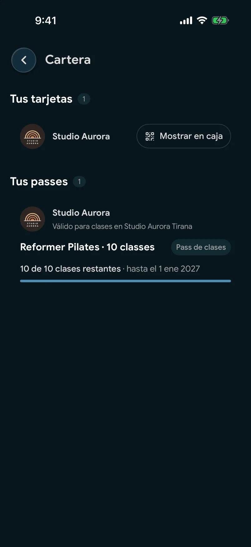 Un Pass de clases en la cartera de la app de EasyBook, con las clases restantes