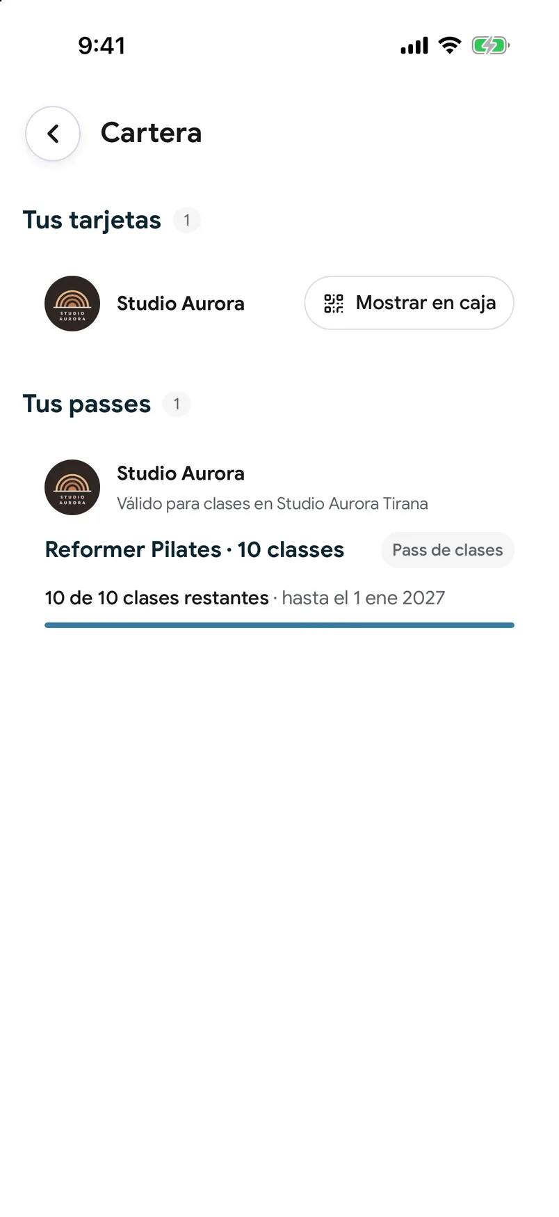 Un Pass de clases en la cartera de la app de EasyBook, con las clases restantes