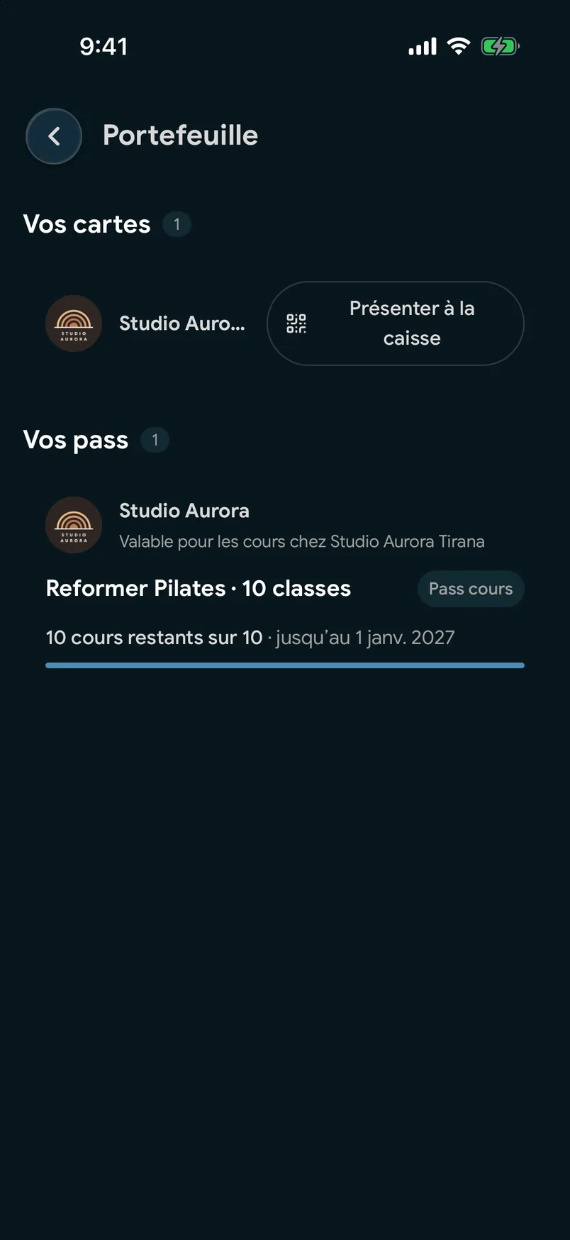 Un Pass de cours dans le portefeuille de l’application EasyBook, avec les cours restants