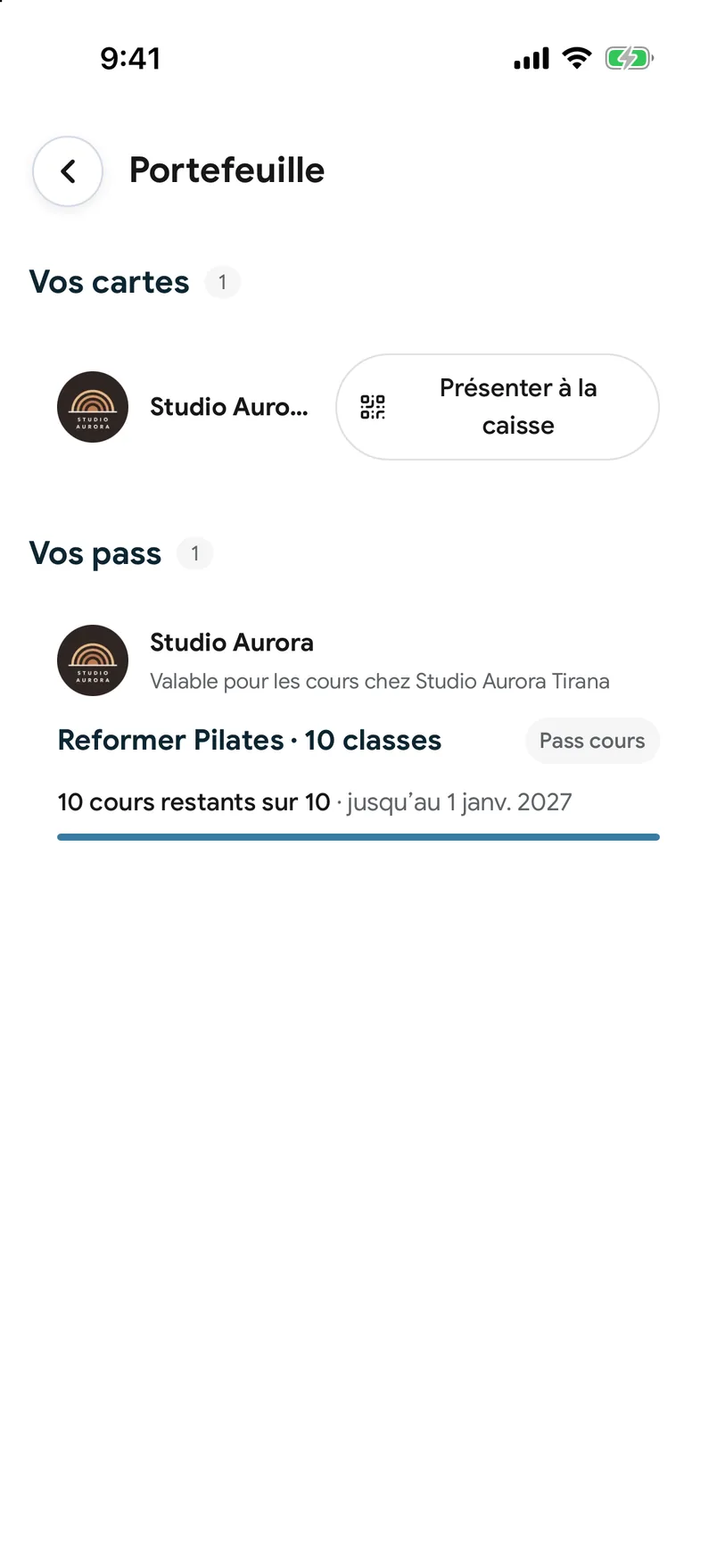 Un Pass de cours dans le portefeuille de l’application EasyBook, avec les cours restants