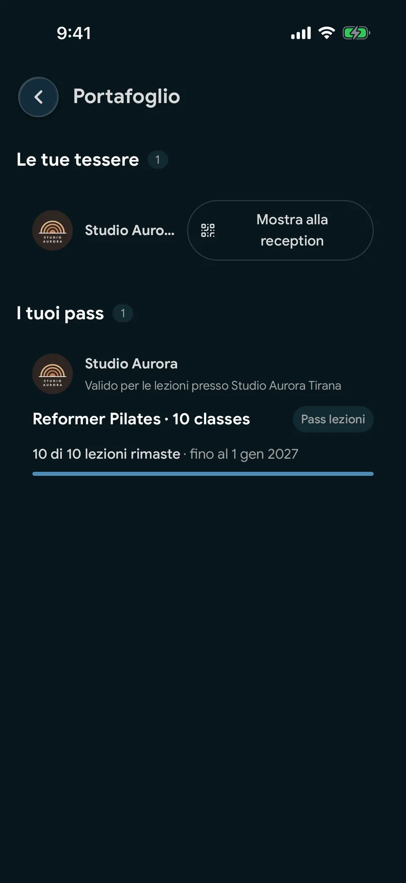 Un Pass per corsi nel wallet dell’app EasyBook, con i corsi rimanenti