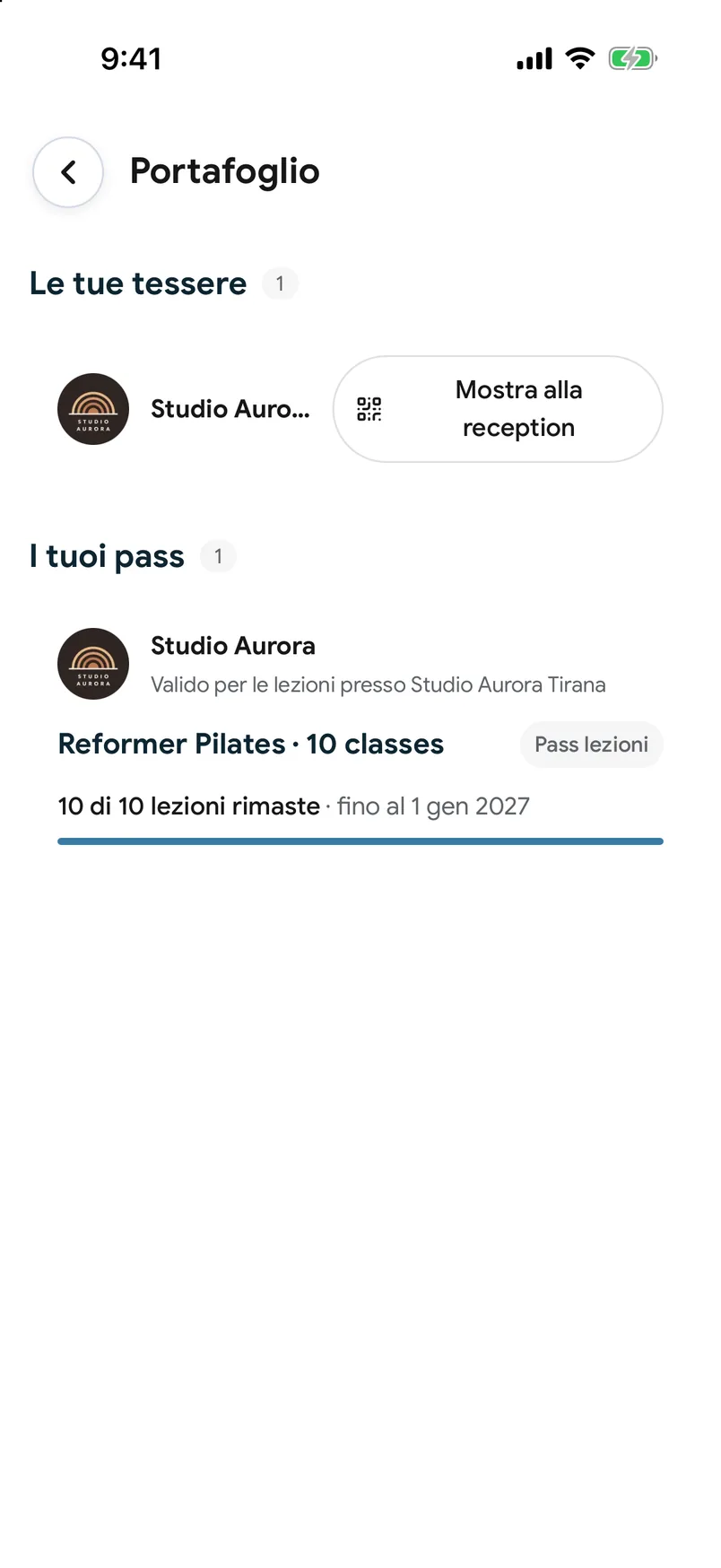 Un Pass per corsi nel wallet dell’app EasyBook, con i corsi rimanenti