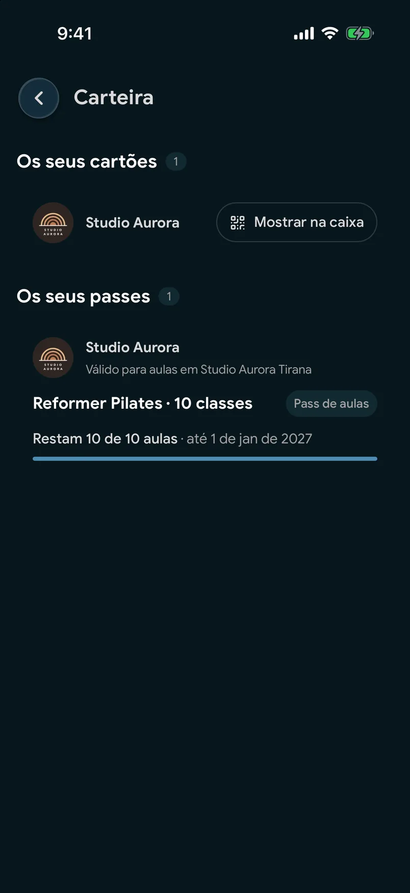 Um Pass de aulas na carteira da aplicação EasyBook, com as aulas restantes