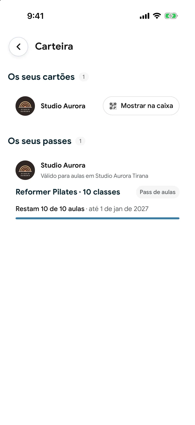 Um Pass de aulas na carteira da aplicação EasyBook, com as aulas restantes